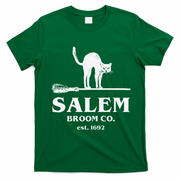 Salem Broom Co Company Halloween Black Cat Witch And Broom T-Shirt - Irish Green