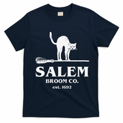 Salem Broom Co Company Halloween Black Cat Witch And Broom T-Shirt - Navy Blue