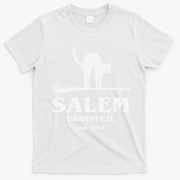 Salem Broom Co Company Halloween Black Cat Witch And Broom T-Shirt - White