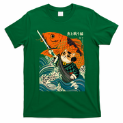 Samurai Cat And Koi Fish Anime T-Shirt - Green