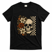 Skull Flowers Vintage Floral Rose Halloween Checkered T-Shirt - Black