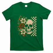 Skull Flowers Vintage Floral Rose Halloween Checkered T-Shirt - Irish Green