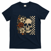 Skull Flowers Vintage Floral Rose Halloween Checkered T-Shirt - Navy Blue