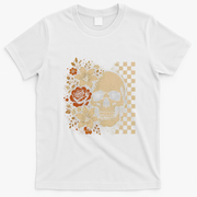 Skull Flowers Vintage Floral Rose Halloween Checkered T-Shirt - White