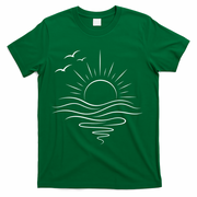Sun Ocean Linear Graphic Boho Summer Beach T-Shirt - Green