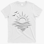 Sun Ocean Linear Graphic Boho Summer Beach T-Shirt - White