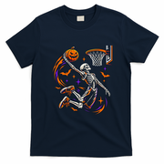 Skeleton Playing Basketball Pumpkin Halloween T-Shirt - Navy Blue