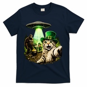 St Patricks Day Cat Selfie Leprechaun Bigfoot UFO T-Shirt - Navy