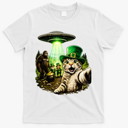 St Patricks Day Cat Selfie Leprechaun Bigfoot UFO T-Shirt - White