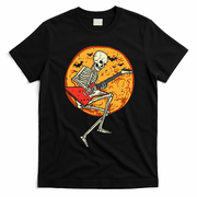 Skeleton Playing Guitar Rock Moon Halloween Music T-Shirt - Black