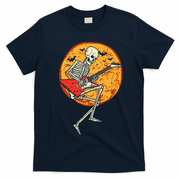 Skeleton Playing Guitar Rock Moon Halloween Music T-Shirt - Navy Blue