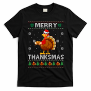 Santa Turkey Merry Thanksmas Thanksgiving Ugly Xmas Sweater T-Shirt - Black