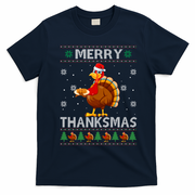 Santa Turkey Merry Thanksmas Thanksgiving Ugly Xmas Sweater T-Shirt - Navy Blue