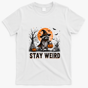 Stay Weird Halloween Raccoon Funny T-Shirt - White
