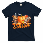 TIS THE SEASON Pumpkin Leaf Latte Fall Thanksgiving Football T-Shirt - Navy Blue