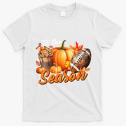 TIS THE SEASON Pumpkin Leaf Latte Fall Thanksgiving Football T-Shirt - White