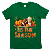 Tis The Season Fall Autumn Football Pumpkin Coffee Leaves Funny Gift T-Shirt - Green