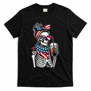 USA America Flag Skeleton Lady Coffee Lover T-Shirt - Black