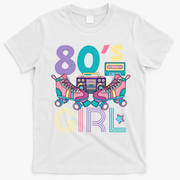 Vibrant 80's Girl Retro Roller Skates Throwback Vibe T-Shirt - White