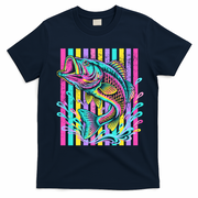 Vibrant Bass Fish Striped Retro Summer Beach Fishing T-Shirt - Navy Blue