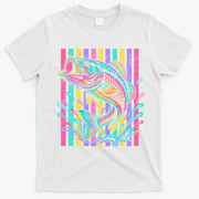 Vibrant Bass Fish Striped Retro Summer Beach Fishing T-Shirt - White