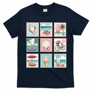 Vintage Beach Stamp Collection Art For Summer T-Shirt - Navy Blue