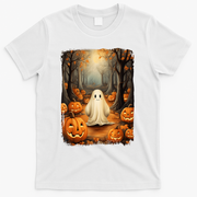 Vintage Cute Ghost Pumpkin Autumn Halloween Gothic Painting T-Shirt - White