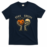 Vintage Stay Creepy Pumpkin And Skull Halloween T-Shirt - Navy Blue