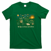 We Run On Chaos And Caffeine Raccoon Funny T-Shirt - Irish Green