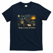 We Run On Chaos And Caffeine Raccoon Funny T-Shirt - Navy Blue