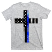 A Christian cross showing support for law enforcement - Thin Blue Line T-Shirt