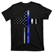 A Christian cross showing support for law enforcement - Thin Blue Line T-Shirt