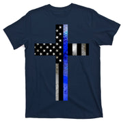 A Christian cross showing support for law enforcement - Thin Blue Line T-Shirt