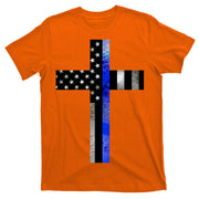 A Christian cross showing support for law enforcement - Thin Blue Line T-Shirt