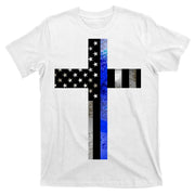 A Christian cross showing support for law enforcement - Thin Blue Line T-Shirt
