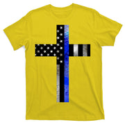 A Christian cross showing support for law enforcement - Thin Blue Line T-Shirt