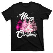 Cute Merry Christmas Pink Pattern Christmas Pine Trees T-Shirt