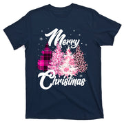 Cute Merry Christmas Pink Pattern Christmas Pine Trees T-Shirt