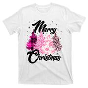 Cute Merry Christmas Pink Pattern Christmas Pine Trees T-Shirt
