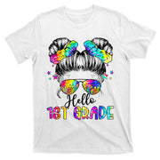Hello 1st Grade Messy Hair Bun Girl Back To School First Day Gift T-Shirt