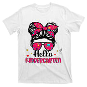 Hello Kindergarten Messy Bun Back To School First Day T-Shirt