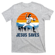 Jesus Saves Retro Baseball Pitcher T-Shirt