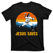 Jesus Saves Retro Baseball Pitcher T-Shirt