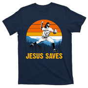 Jesus Saves Retro Baseball Pitcher T-Shirt