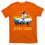 Jesus Saves Retro Baseball Pitcher T-Shirt
