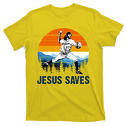 Jesus Saves Retro Baseball Pitcher T-Shirt