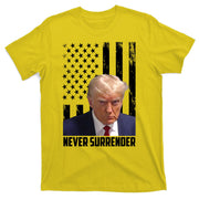 Never Surrender Donald Trump American Flag Mugshot T-Shirt