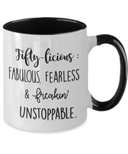Fifty-licious   50th birthday gifts for women ideas  50th birthday coffee mug 50 years old